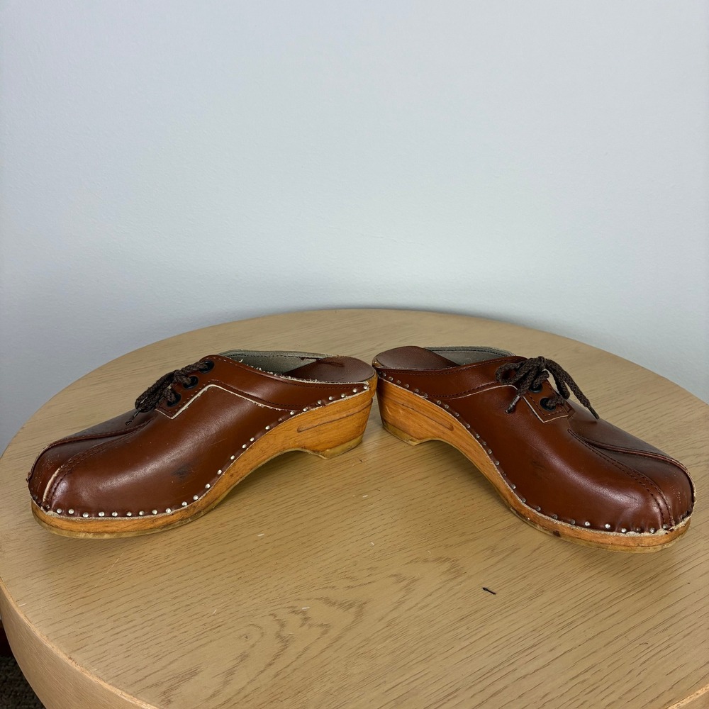 Bastad-Original Brown Leather Wooden Clogs Boho Retro Lace Up Mules Women's 37 - Picture 3 of 8